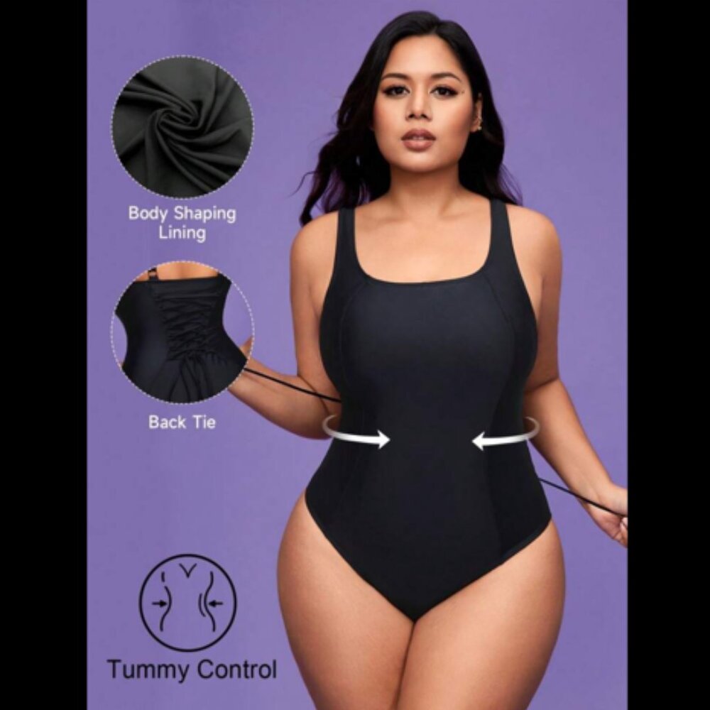 Black Corset-Back Shaping One-piece Tummy Control Swimsuit 0XL - NEW